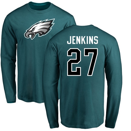 Men Philadelphia Eagles #27 Malcolm Jenkins Green Name and Number Logo Long Sleeve NFL T Shirt->nfl t-shirts->Sports Accessory